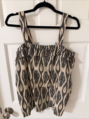 J. Crew Ikat Print Ruffle Flounce Tank Top Charcoal Gray/Ecru Boho Size 4